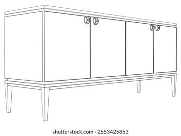 Hand drawn silhouette of mid century dresser. Modern furniture outline drawing. Line art cupboard for trendy interior design. Sketch commode on legs. Vector illustration