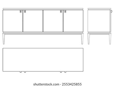 Hand drawn silhouette of mid century dresser. Modern furniture outline drawing. Line art cupboard for trendy interior design. Sketch commode on legs. Vector illustration