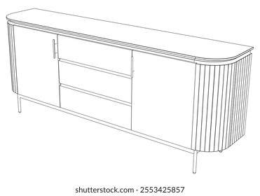 Hand drawn silhouette of mid century dresser. Modern furniture outline drawing. Line art cupboard for trendy interior design. Sketch commode on legs. Vector illustration