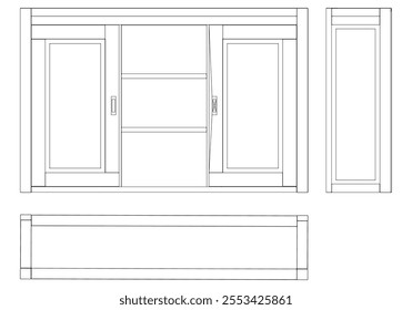 Hand drawn silhouette of mid century dresser. Modern furniture outline drawing. Line art cupboard for trendy interior design. Sketch commode on legs. Vector illustration