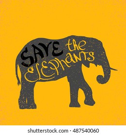 hand drawn silhouette of mighty wild elephant with letters on it