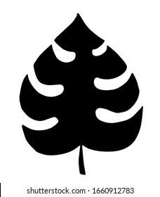 Hand drawn silhouette monstera tropical leaf icon on white background. Vector illustration. Rainforest symbol collection Cartoon sketch element: greenery Philodendron Hawaiian Rain Forest Palm Leave