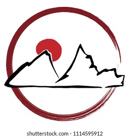  Hand drawn silhouette of mountains Doodle sunset in the mountains.
