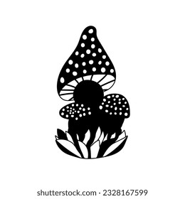 Hand drawn silhouette of mushrooms in grass, doodle cute fly agaric in cartoon style, icon in solid style. Isolated on white background.