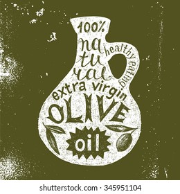 Hand drawn silhouette of olive oil bottle with text design 