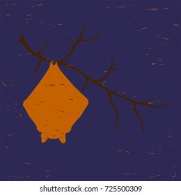 Hand drawn silhouette of orange flying vampire bat, with folded wings, hanging on a tree branch. Halloween vector illustration, isolated on dark spot background.