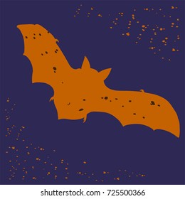 Hand drawn silhouette of orange flying vampire bat, with wide spread wings. Halloween 
vector illustration, isolated on dark spot background.