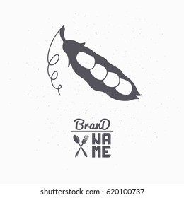 Hand drawn silhouette of pea. Vegetables logo template for craft food packaging or brand identity. Vector illustration