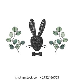 Hand drawn silhouette portrait of gentleman Rabbit head with a bow tie. Eucalyptus branches background. Easter concept, vector illustration isolated on white.