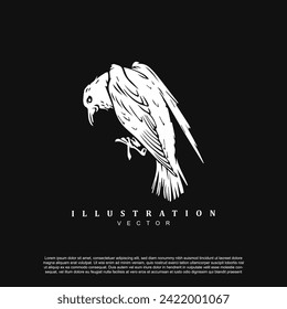 Hand drawn silhouette raven or crow logo design vector illustration