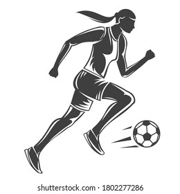 Hand drawn silhouette running girl football player isolated on white background. Stylized vector illustration of athletics. Minimalistic vintage design template element for print, label, badge.