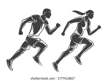 Hand drawn silhouette running man and woman isolated on white background. Stylized vector illustration. Minimalistic vintage design template element for print, label, badge or other symbol.