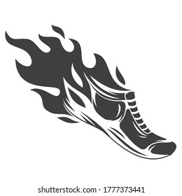 Hand drawn silhouette running shoes with fire flames isolated on white background. Stylized vector illustration. Minimalistic vintage design template  element for print, label, badge or other symbol.