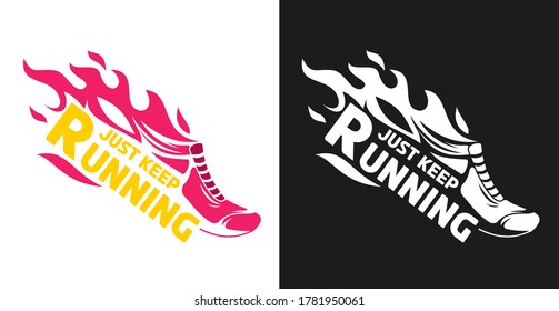 Hand drawn silhouette running shoes with fire flames isolated on white background. Stylized vector illustration. Minimalistic vintage design template element for print, label, badge or other symbol.