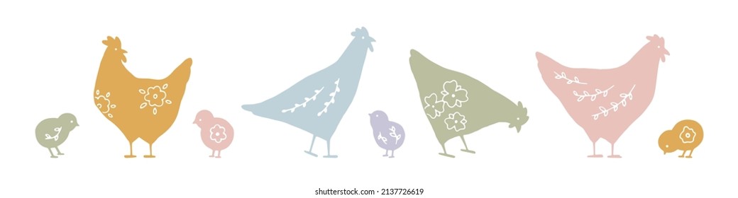 Hand drawn silhouette set with Easter chickens with floral elements in pastel colors. Traditional Easter symbol. Cute chicks for festive design. Spring character collection. Cute vector illustration