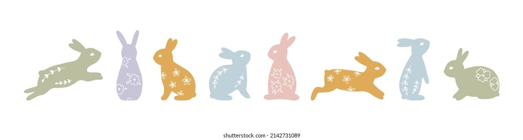 Hand drawn silhouette set with Easter bunnies with floral elements in pastel colors. Traditional Easter symbol. Cute rabbits for festive design. Spring character collection. Cute vector illustration