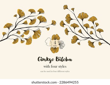 Hand drawn Silhouette set of ginkgo biloba tree isolated on white, Hand drawn ginkgo biloba set, Hand drawn line silhouette ginkgo biloba tree, hand drawn japanese vector flower line silhouette