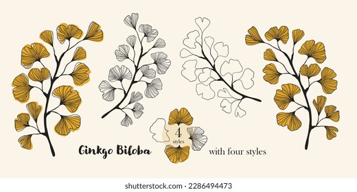 Hand drawn Silhouette set of ginkgo biloba tree isolated on white, Hand drawn ginkgo biloba set, Hand drawn line silhouette ginkgo biloba tree, hand drawn japanese vector flower line silhouette