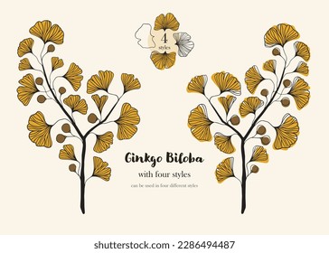 Hand drawn Silhouette set of ginkgo biloba tree isolated on white, Hand drawn ginkgo biloba set, Hand drawn line silhouette ginkgo biloba tree, hand drawn japanese vector flower line silhouette