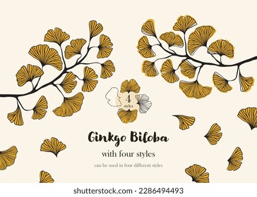 Hand drawn Silhouette set of ginkgo biloba tree isolated on white, Hand drawn ginkgo biloba set, Hand drawn line silhouette ginkgo biloba tree, hand drawn japanese vector flower line silhouette