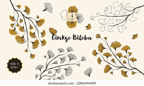 Hand drawn Silhouette set of ginkgo biloba tree isolated on white, Hand drawn ginkgo biloba set, Hand drawn line silhouette ginkgo biloba tree, hand drawn japanese vector flower line silhouette