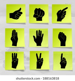 hand drawn of Hand silhouette set on crumpled paper sticky note background
