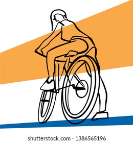 Hand drawn silhouette of single female bicyclist on bicycle. Yellow and blue geometric background. Vector illustration. Colorful drawing. Isolated black contour and colors.