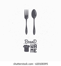 Hand drawn silhouette of spoon and fork. Restaurant logo template for craft food packaging, menu or brand identity. Vector illustration