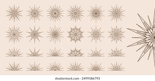 Hand drawn silhouette of star, sunburst, light rays. Bohemian symbol bursting sun ray. Magic ornate talisman, antique style, boho, tattoo, logo. Vector set illustration isolated on beige background