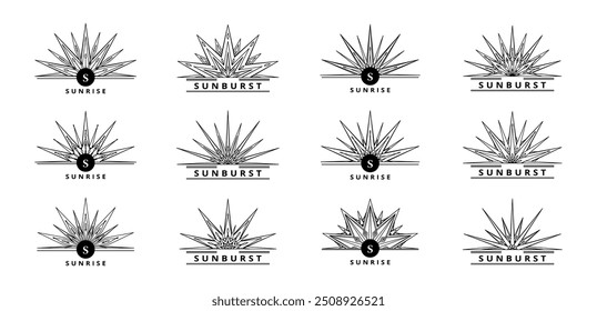 Hand drawn silhouette of star, sunburst, light rays. Bohemian symbol bursting sun rays. Magic vintage collection, antique style, boho, emblem, talisman, logo. ​Vector set illustration on white