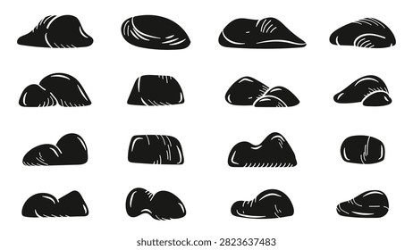 Hand drawn silhouette stone and rock collection featuring natural pebble shapes in a simple black vector illustration style.