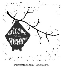 Hand drawn silhouette vampire bat  and folded wings  hanging tree branch  Sketch vector illustration and phrase 