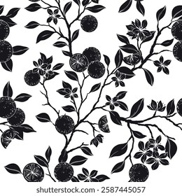 Hand drawn silhouette vector oranges seamless pattern with brunches and flowers, bees, cut tangerines, branches, leaves