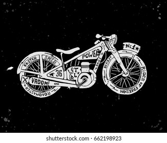 Hand drawn Silhouette of vintage motorcycle filled with text. Grunge vector illustration