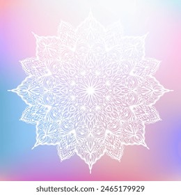 Hand drawn silhouette of white mandala with floral ornamental pattern. Decorative mandala, colorful ethnic oriental ornament. Vector illustration isolated on pastel multi color gradient background