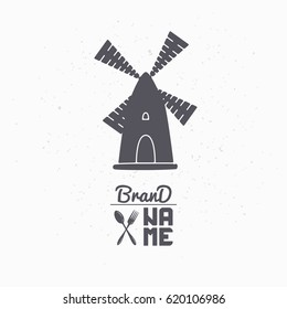 Hand drawn silhouette of wind mill. Logo template for craft food packaging or brand identity. Vector illustration