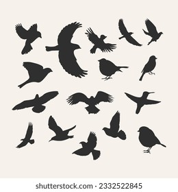 Hand drawn silhouettes of birds flying and sitting