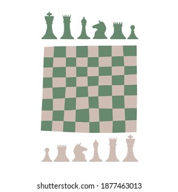 Hand drawn silhouettes of chess pieces and chessboard isolated on white background. Fun creative design for poster, greeting card. Strategy board game concept. Trendy vector illustration