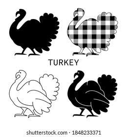 Hand drawn silhouettes collection of turkeys.  Buffalo plaid, outline, silhouette isolated on white. Happy Thanksgiving . Harvest season. Vector doodle illustration. Design for print, logo, card