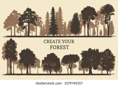 Hand drawn silhouettes of different trees. Create your own forest. Vector sketches of coniferous or deciduous woods.
