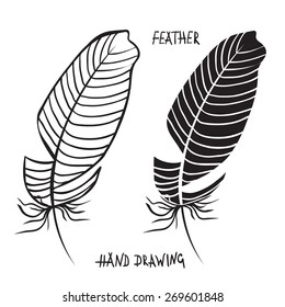 Hand drawn silhouettes of feathers in black and white. Vector illustration. Best for invitations, postcards, textiles, tattoo, logo