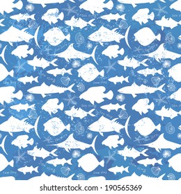 Hand drawn silhouettes of fishes vector seamless pattern. Made in fresh white and blue tones