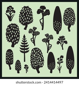 Hand drawn silhouettes of fly Morel, mushroom silhouette, vector clip art