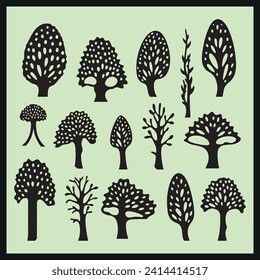 Hand drawn silhouettes of fly Morel, mushroom silhouette, vector clip art