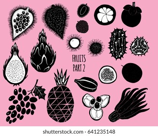 Hand drawn silhouettes of fruits isolated on background. Elements for menu, packaging design in trendy modern naive style, detailed vector illustrations, stock clipart. Whole and cut. 