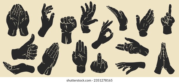 Hand drawn silhouettes hands in retro monochrome style. Set different gestures isolated on white background. Batch flat design concept. Modern vector retro illustrations with arm.