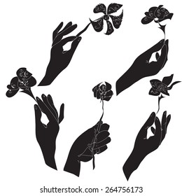 Hand drawn silhouettes of the human hands, holding flowers. In black and white.