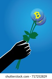 Hand drawn silhouettes of the human hands, holding crypto coin flowers
