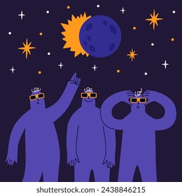 Hand drawn silhouettes of people look at solar eclipse. Abstract modern fashion vector illustration.