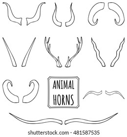 Hand drawn silhouettes set of animal horns made in vector. Deer, sheep, antelope, bullock horns